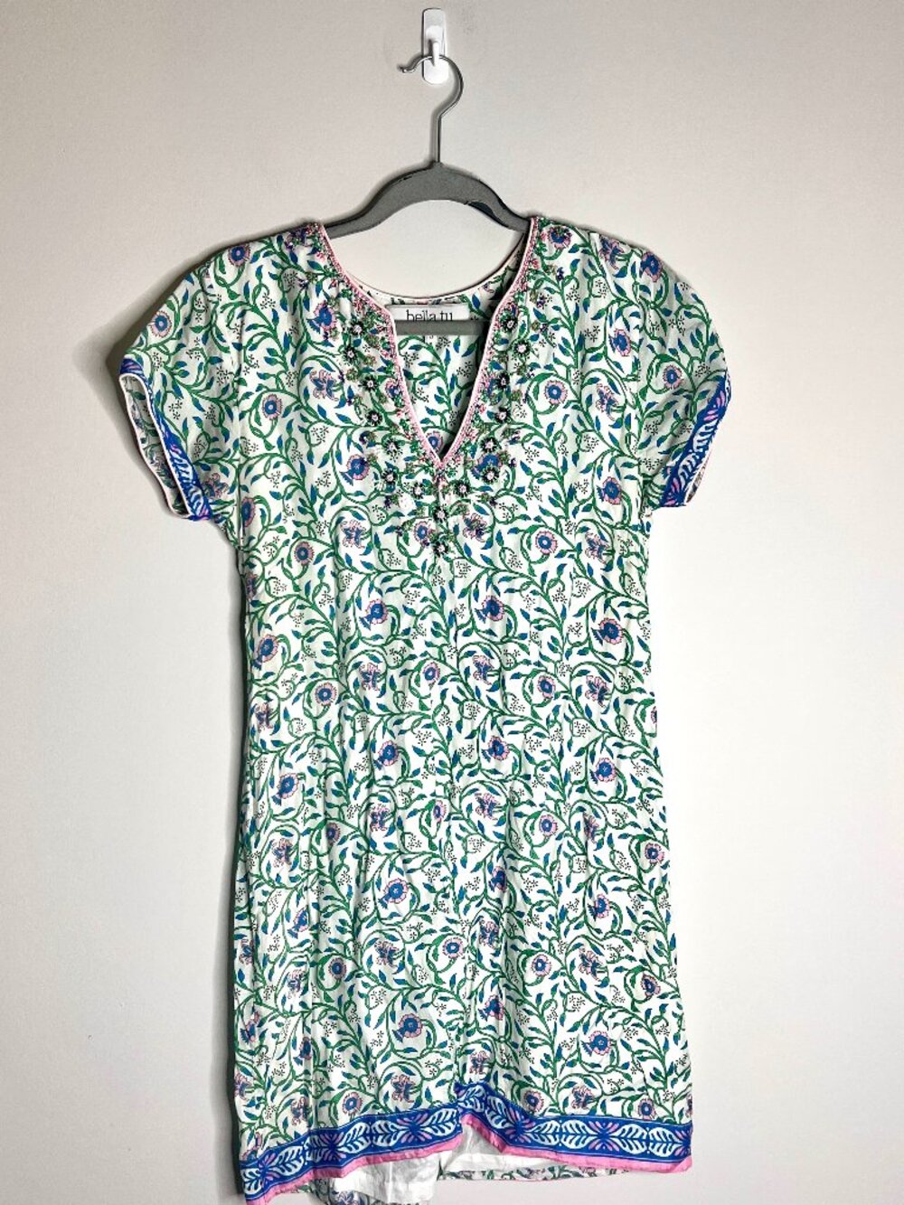 Bella Tu Floral Beaded Collar Cap-Sleeve Tunic Gauzy Dress Resortwear Beach Sz S
